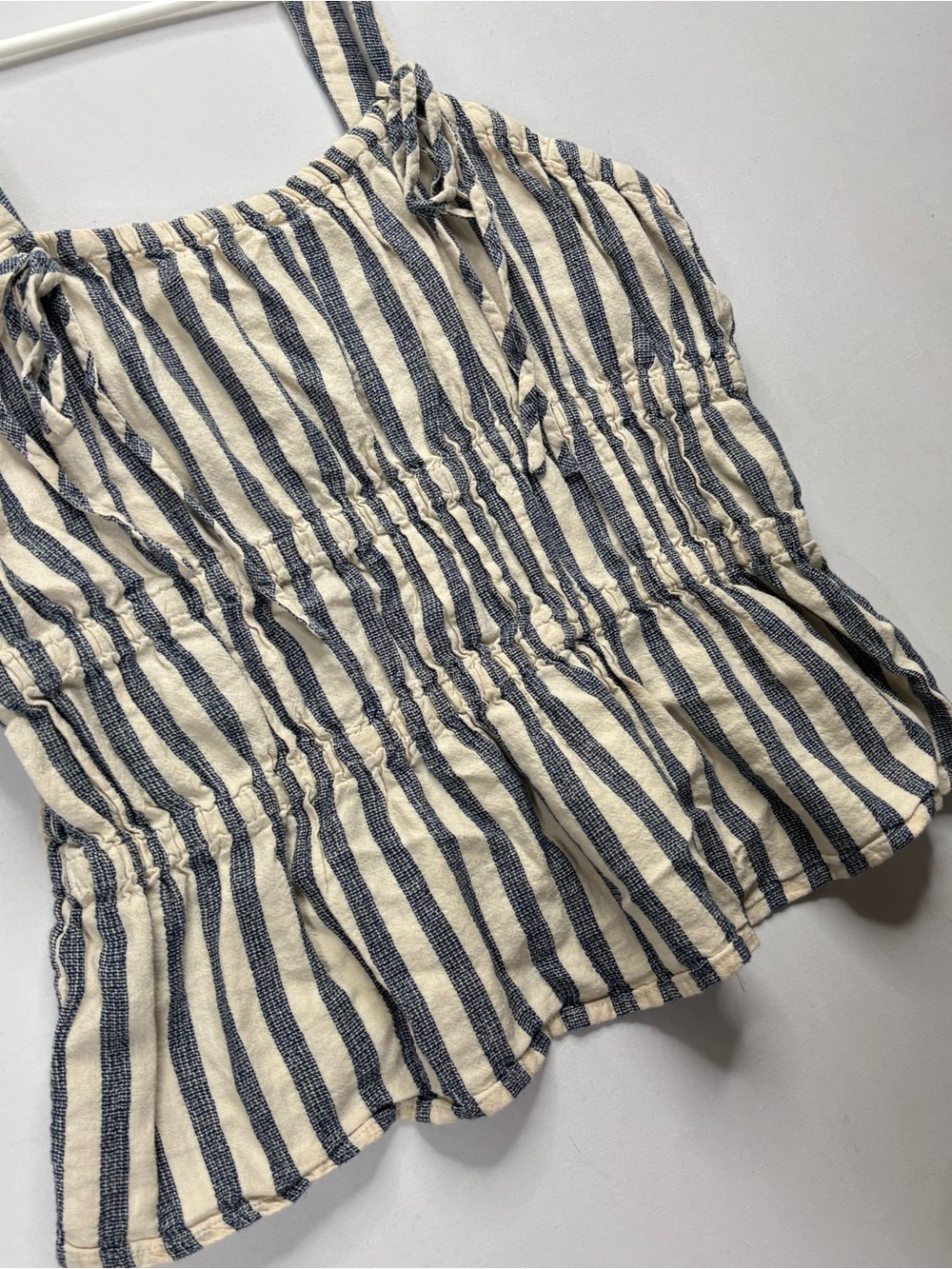 Universal Thread Cream & Navy 55% Linen Striped Crop Tank